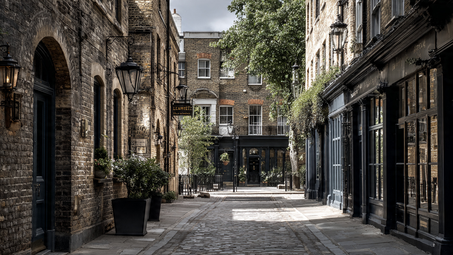 A quiet historic lane among the hidden streets in London, featuring brick buildings, cobblestone paving, and peaceful London backstreets that reflect the city’s lesser known streets and old world character away from crowded areas