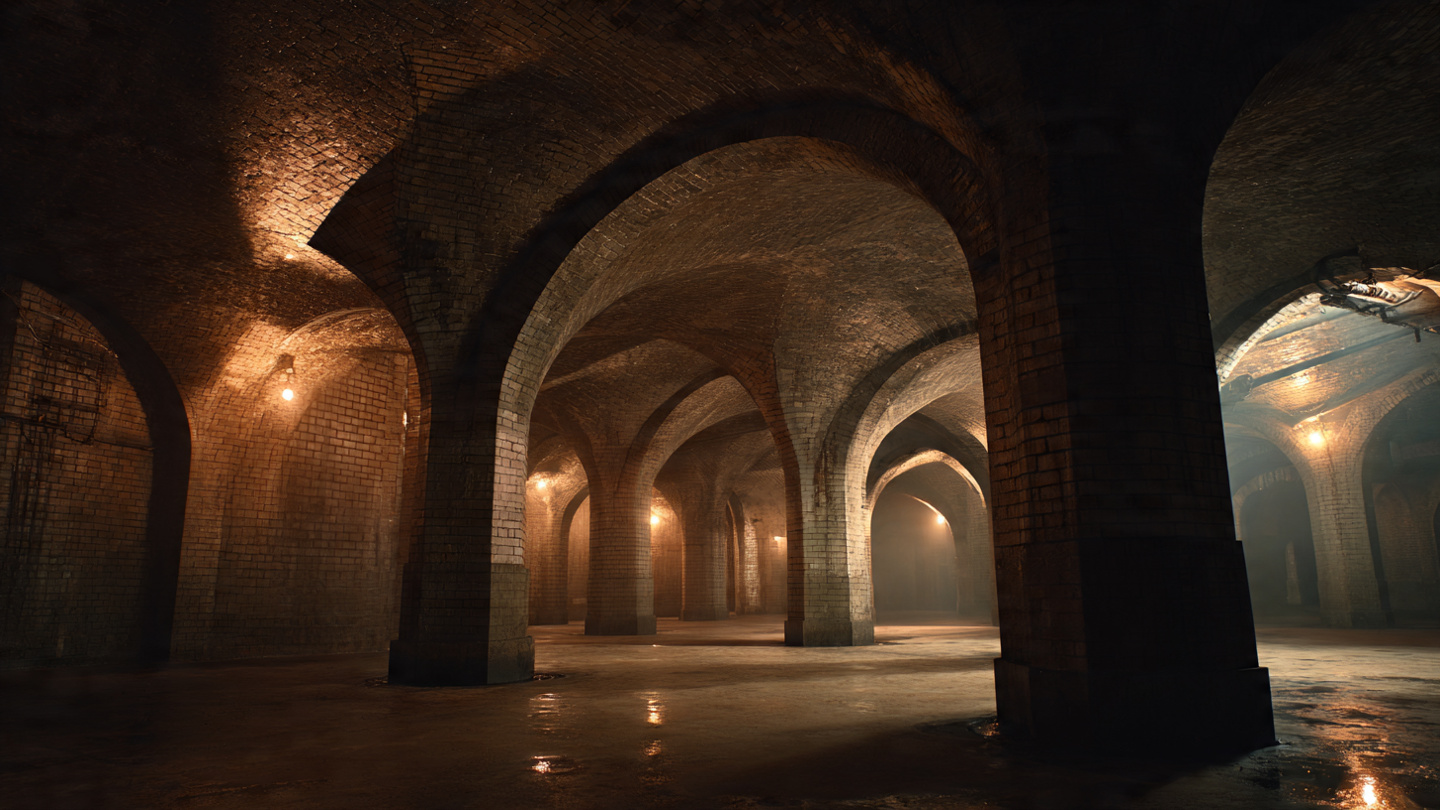 Atmospheric brick vaults inside secret tunnels in London, showing historic underground chambers, hidden passageways, and arched subterranean spaces beneath the city.
