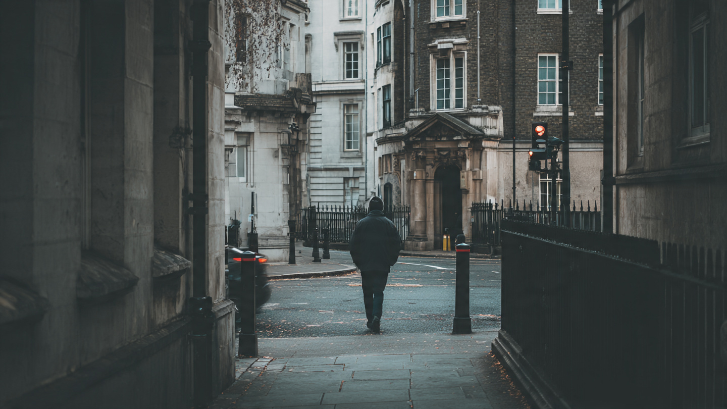 A quiet pedestrian walking through one of the hidden streets in London, showing a secluded historic passage with classic architecture, calm atmosphere, and lesser known London backstreets away from busy main roads