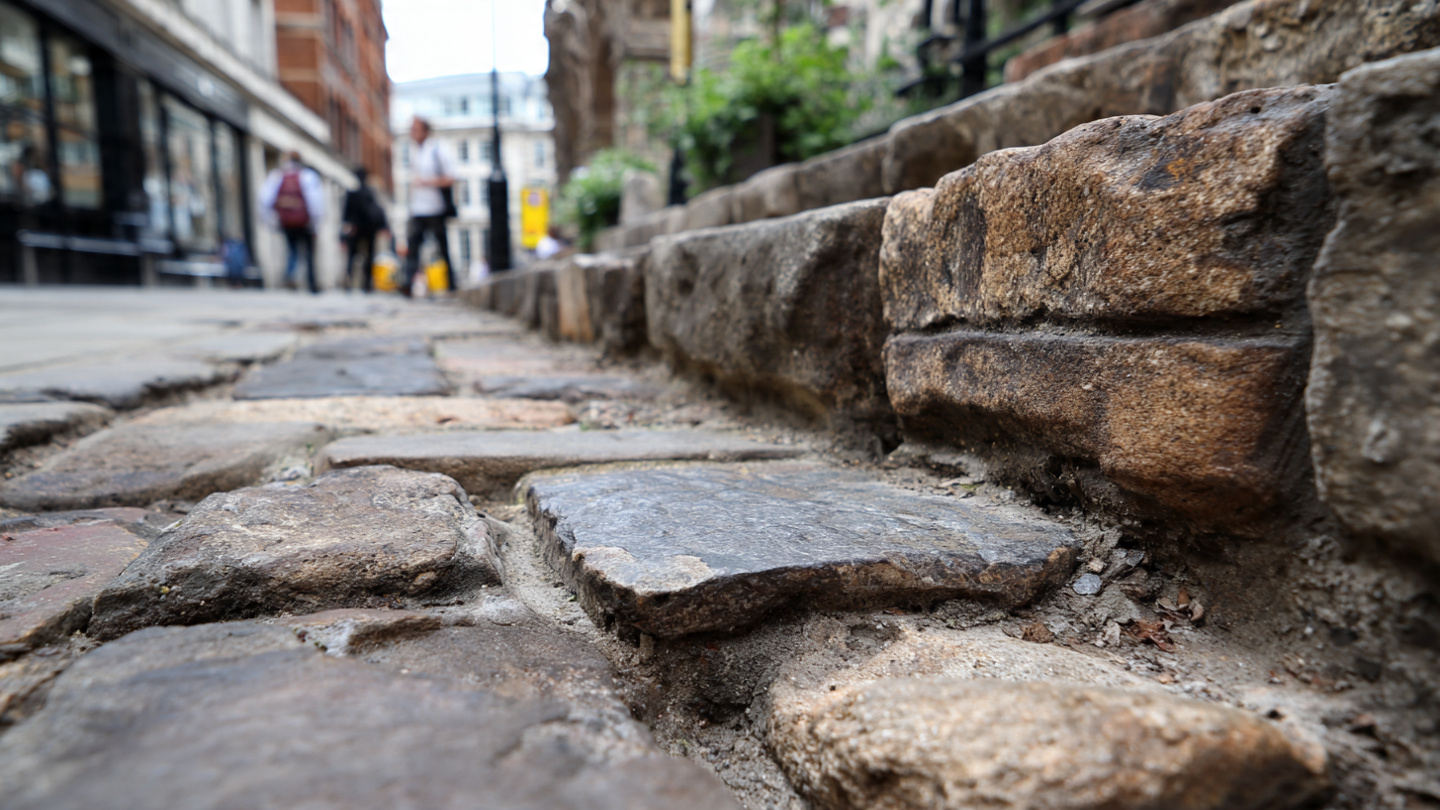 Ancient stone pavement along a narrow London street, showing worn historic cobblestones that reveal hidden historical sites in London and overlooked traces of the city’s early past