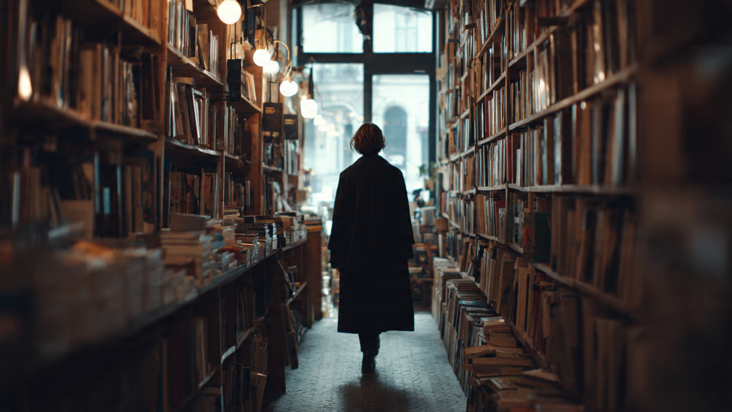 Hidden bookshops in London interior with narrow aisles, a visitor browsing shelves inside a secret independent bookstore filled with vintage and second hand books.