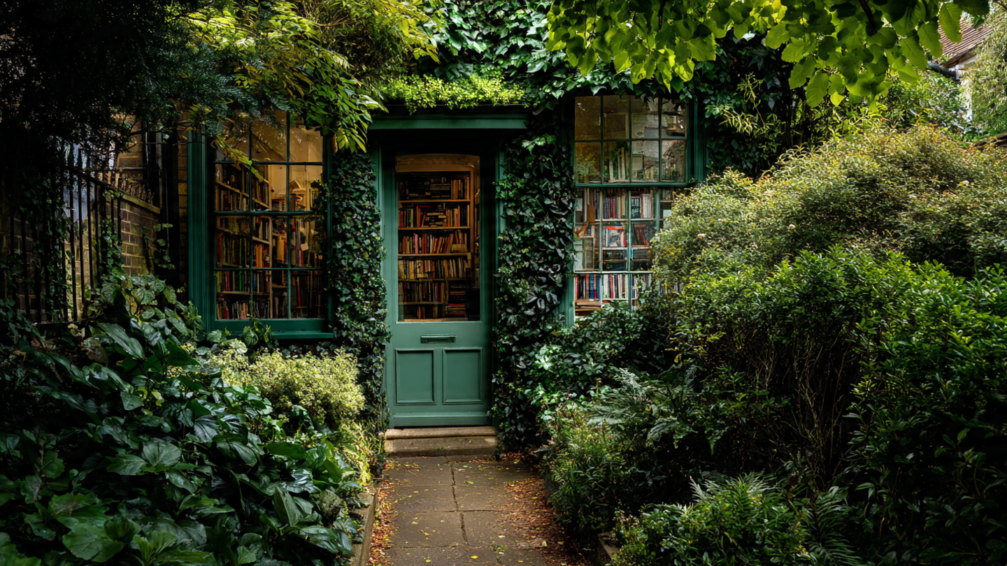 Hidden bookshops in London surrounded by lush greenery, a secret independent bookstore tucked away in a quiet residential garden setting.