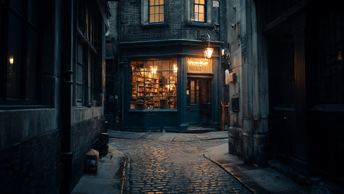 Hidden bookshops in London on a quiet cobblestone lane, a secret independent bookstore with warm glowing windows at dusk.