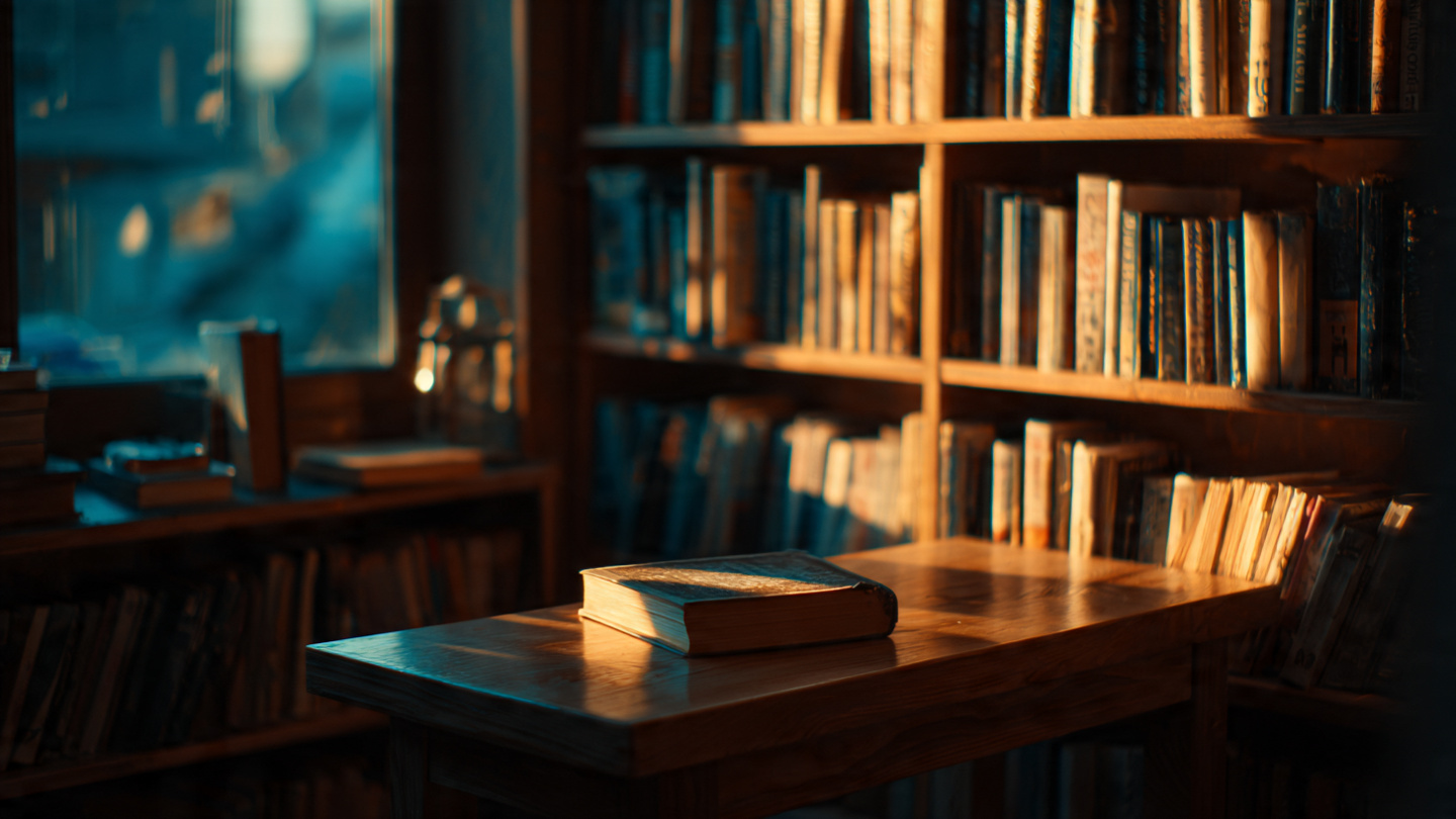 Hidden bookshops in London with warm wooden shelves, a quiet independent bookstore featuring vintage books and a peaceful reading table.