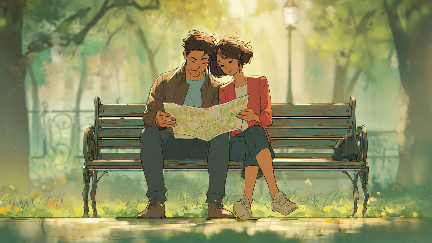 A couple sitting together on a park bench in London planning their london honeymoon itinerary in a calm and romantic setting