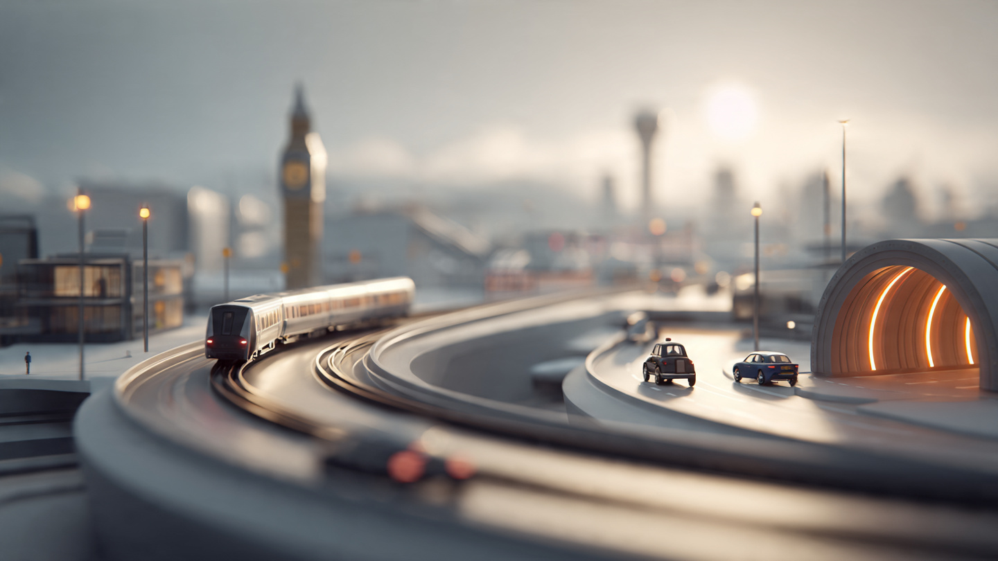 Animated scene of trains, cars, and tunnels moving toward central London, representing transport choices explained in the London airport transport guide