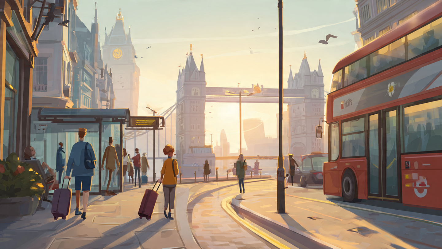 Animated London street scene with travelers, buses, and luggage near Tower Bridge, illustrating arrival experiences described in the London airport transport guide