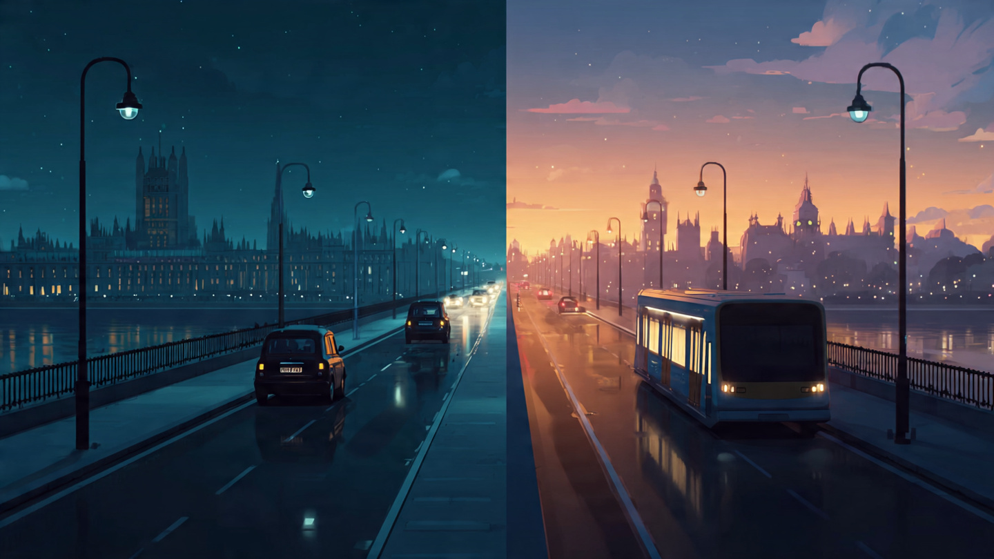 Animated split scene of London at night and early morning with buses and cars crossing the river, showing late night and early travel explained in the London airport transport guide