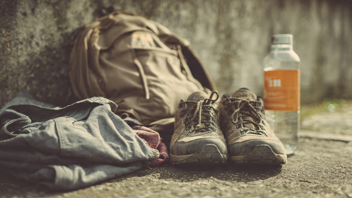 Walking shoes, light backpack, and water bottle prepared for a full day on a London walking itinerary.
