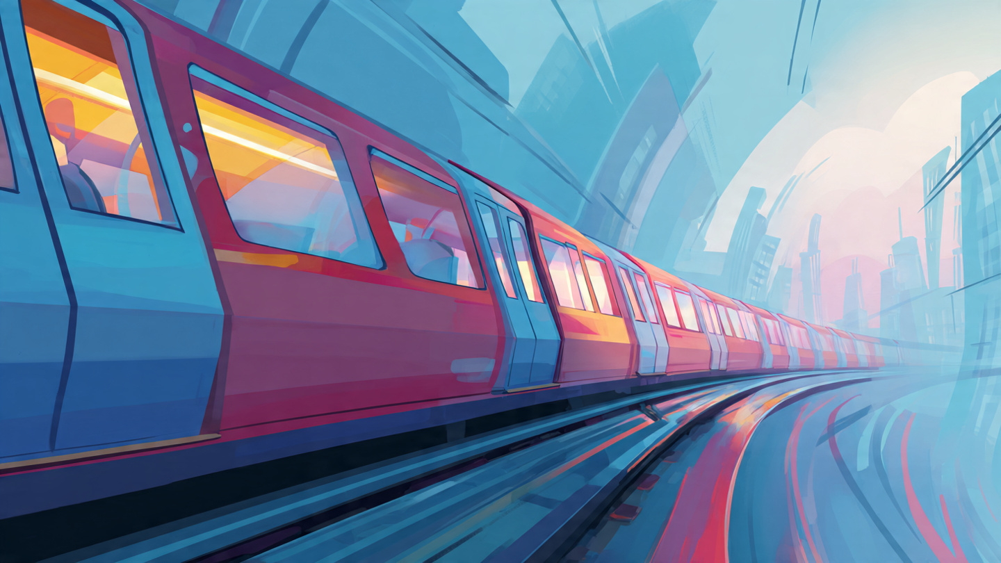 An animated train traveling toward the city, showing how to travel from Heathrow to Central London by rail.