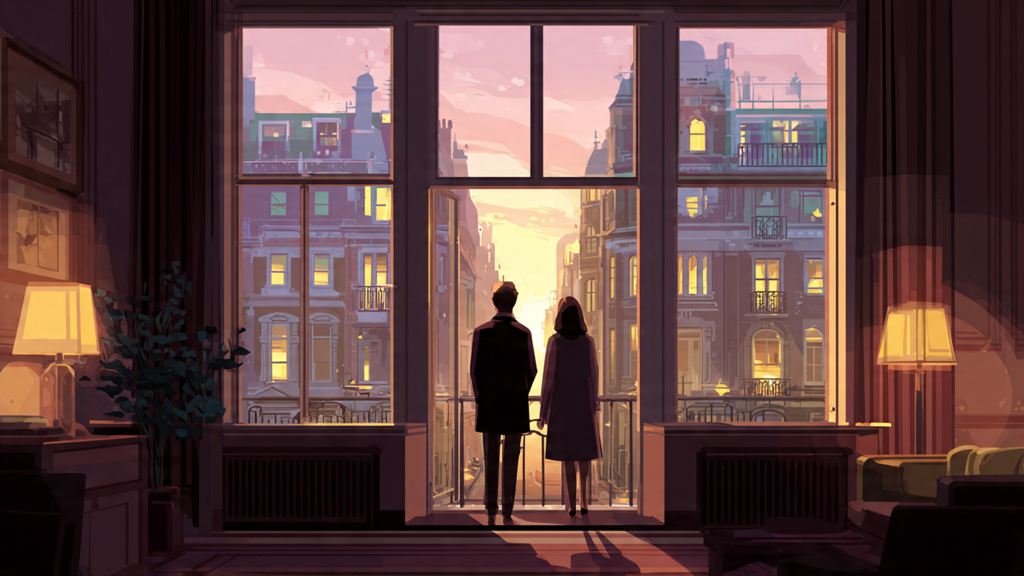 A couple standing by a hotel window overlooking London at sunset during their london honeymoon itinerary, creating a calm and romantic atmosphere