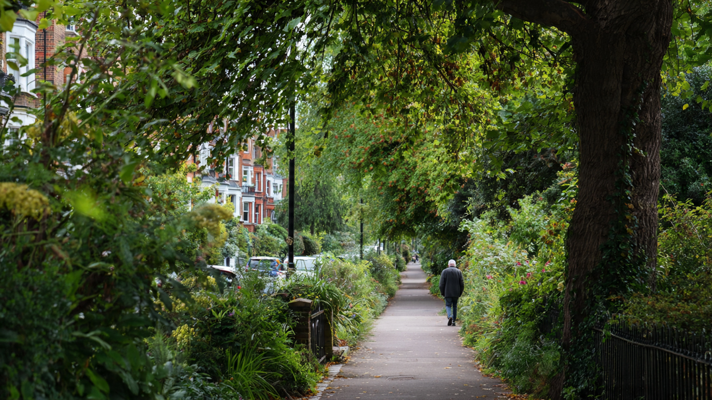 Leafy residential walkway in London with a pedestrian walking through greenery, showing the relaxed pace of a London walking itinerary.