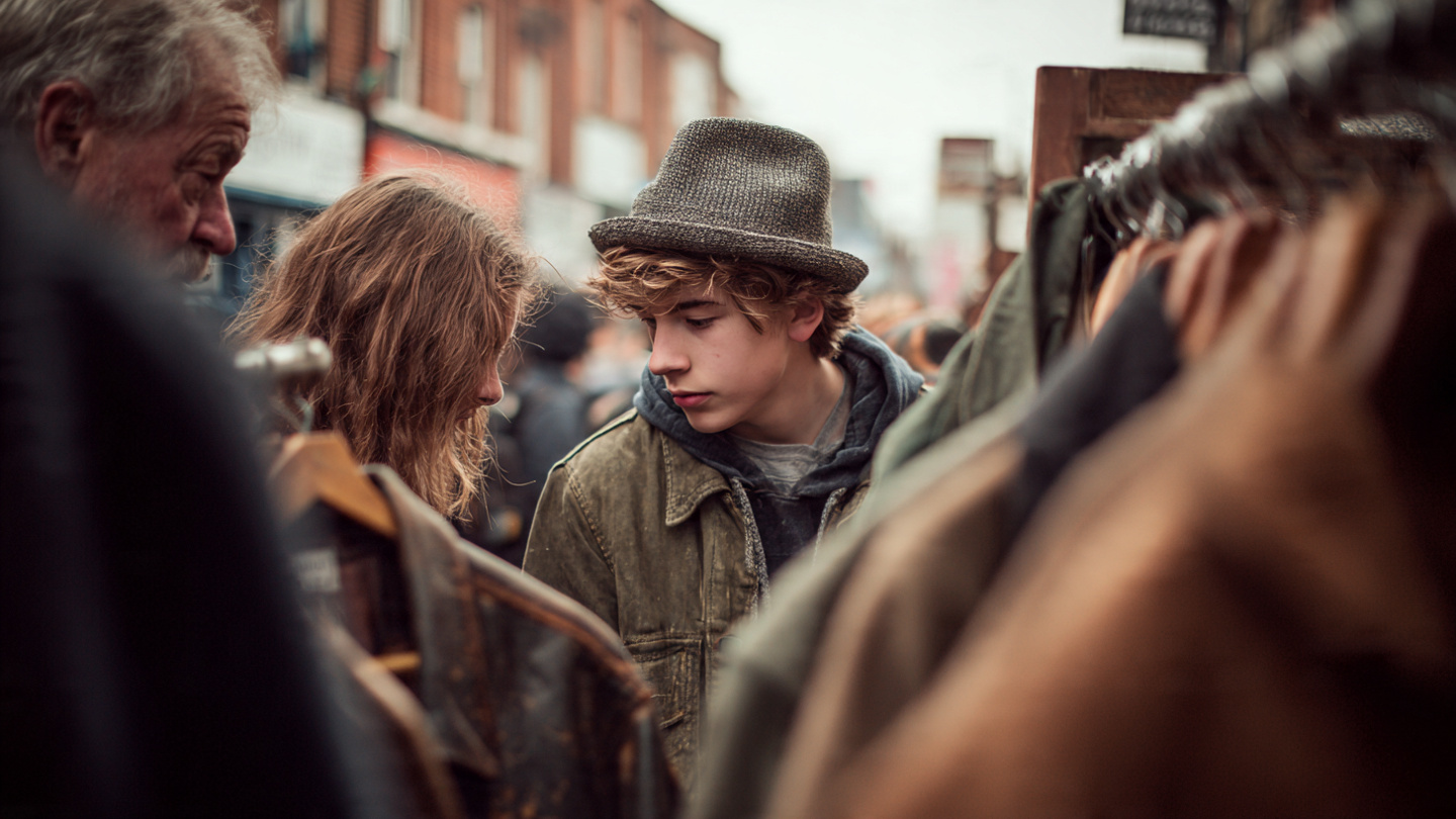 Young shopper browsing retro clothing at vintage markets in London, surrounded by classic jackets and street market stalls