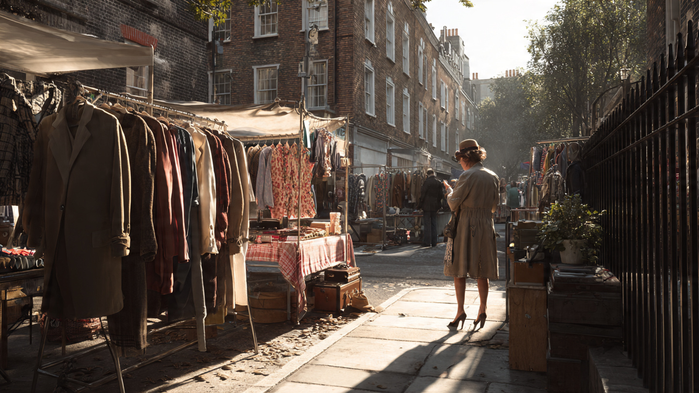 Woman browsing clothing stalls in soft morning light at vintage markets in London, surrounded by classic coats and brick-lined streets