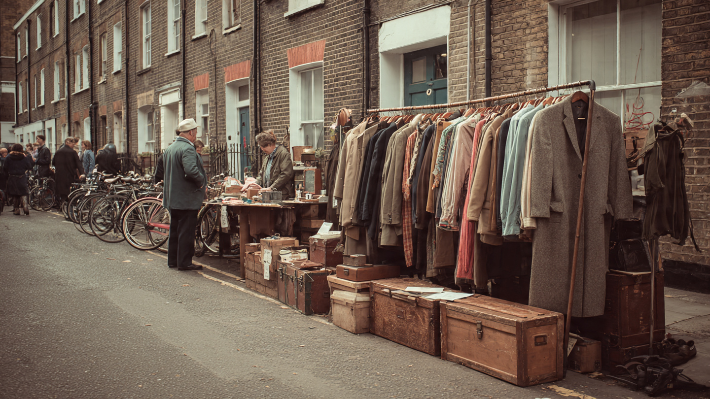 Vintage coats and accessories displayed along a residential street at vintage markets in London, with classic brick houses in the background