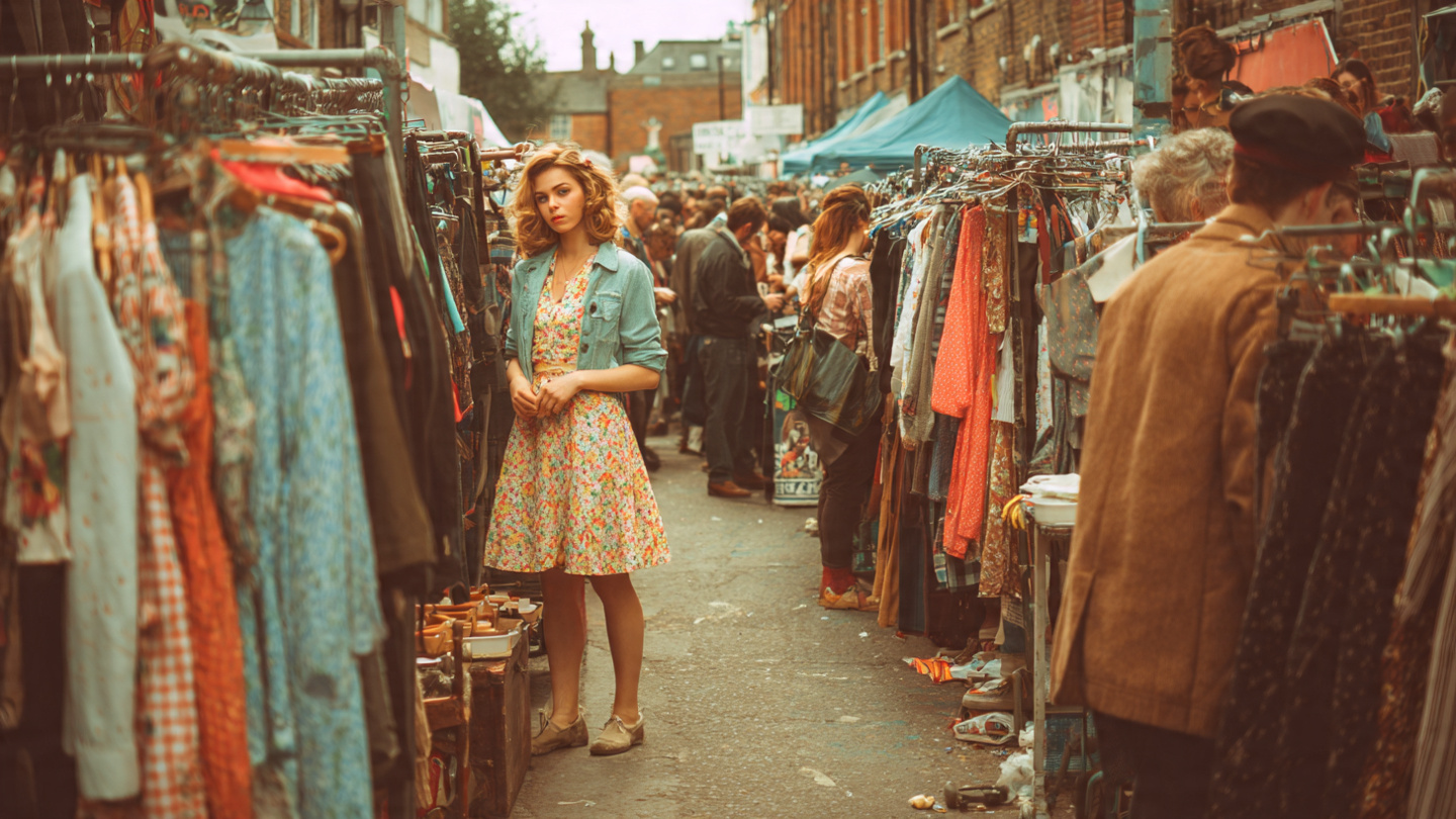 Busy open-air stalls filled with retro dresses and shoppers at vintage markets in London, creating a lively street shopping atmosphere