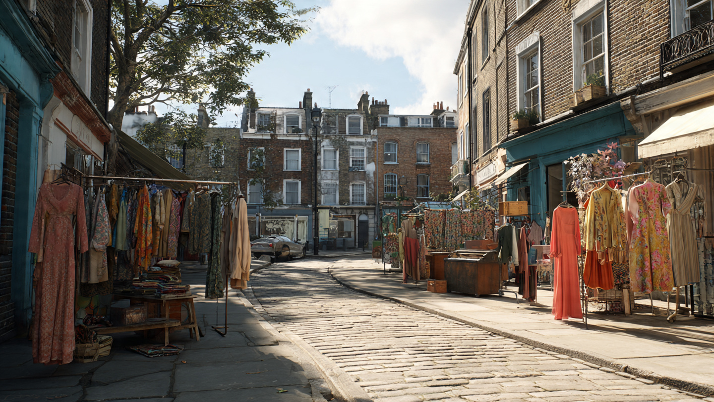 Quiet cobblestone street lined with vintage clothing stalls at vintage markets in London, set among classic brick buildings