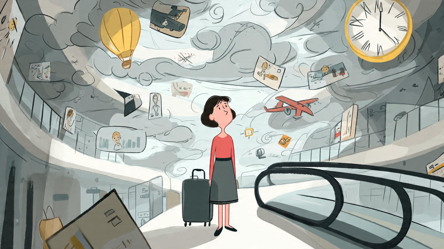 An animated traveler looking overwhelmed at an airport terminal, illustrating common mistakes when planning how to travel from Heathrow to Central London.