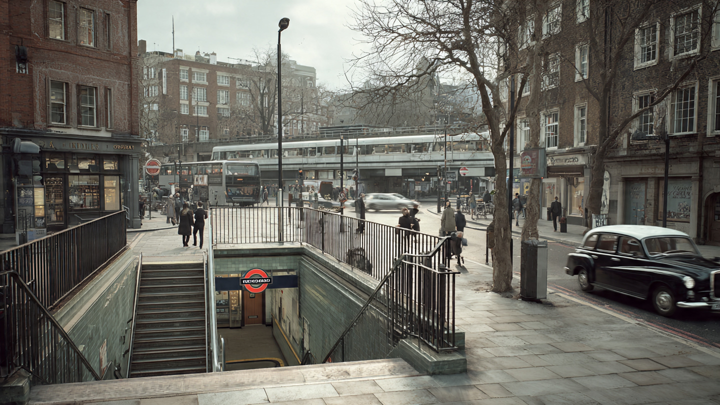 Central London street scene showing public transport access for getting from London airports to city center.