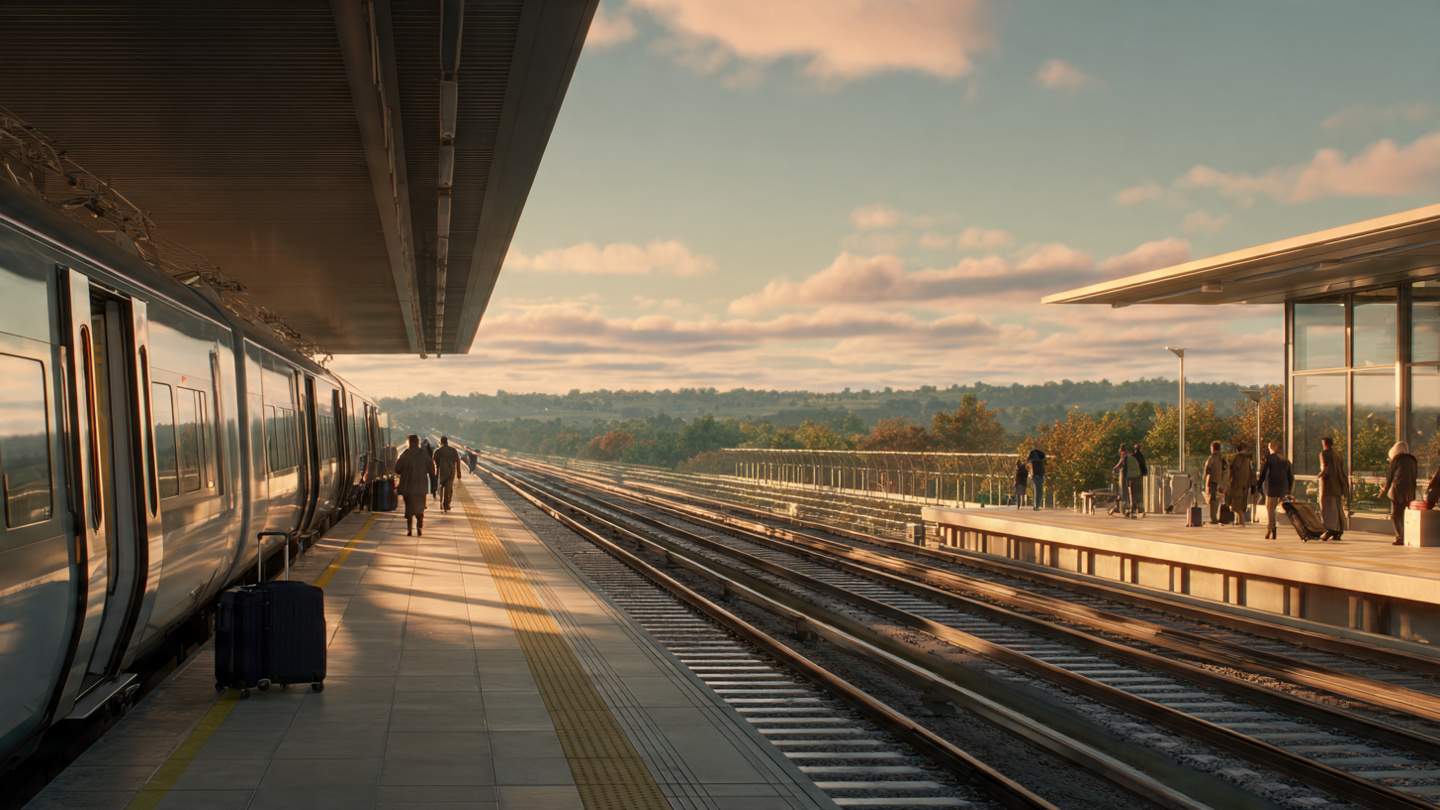 Train platform outside London showing rail travel options for getting from London airports to city center.