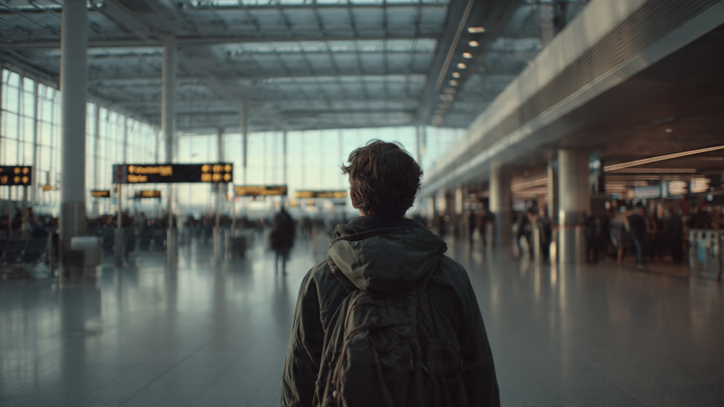 A first-time traveler standing inside a London airport terminal while planning getting from London airports to city center.