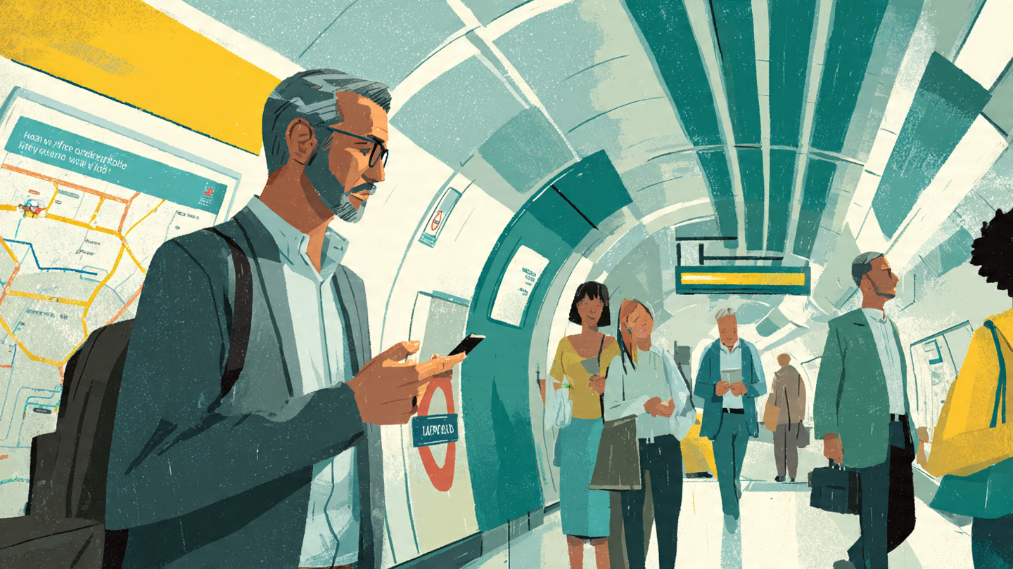 Illustration showing how to use the London Underground with passengers checking directions and apps inside a well-lit Tube station corridor.