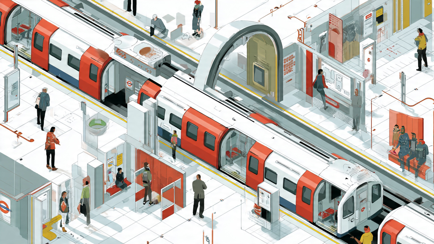 Isometric illustration showing how to use the London Underground, with passengers boarding a Tube train inside a modern station platform.