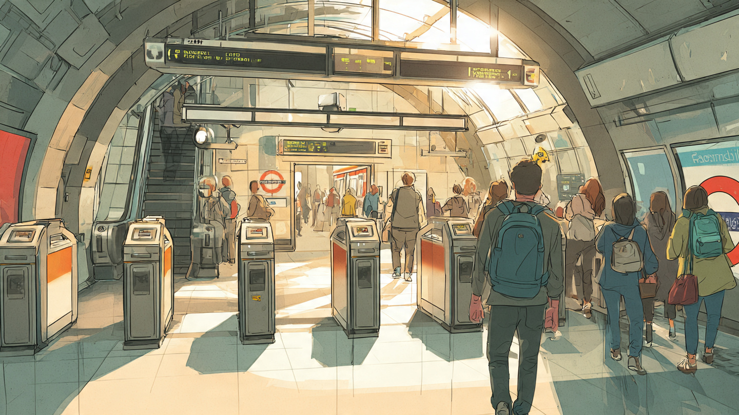 Illustration showing how to use the London Underground, with passengers entering through ticket gates inside a busy Tube station concourse.
