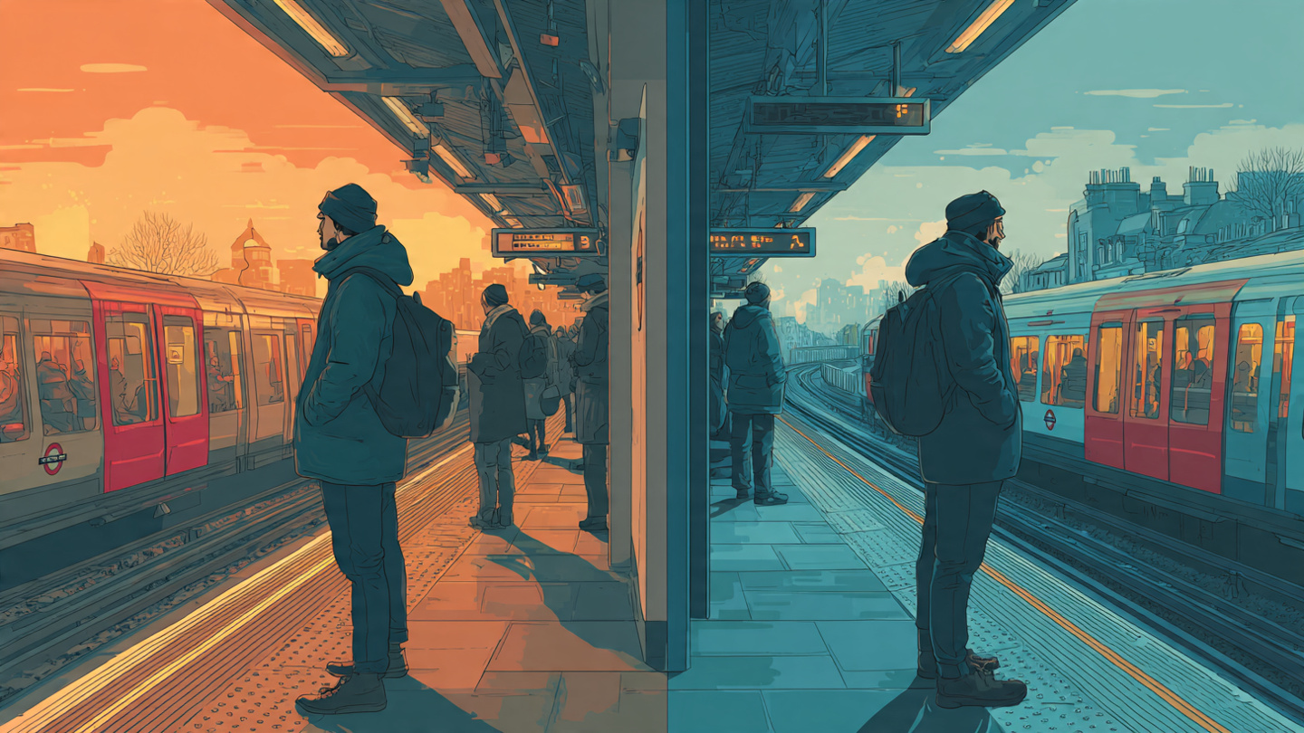 Visual comparison showing how to use the London Underground at different times of day, with a traveler waiting on a Tube platform during busy and quiet periods.