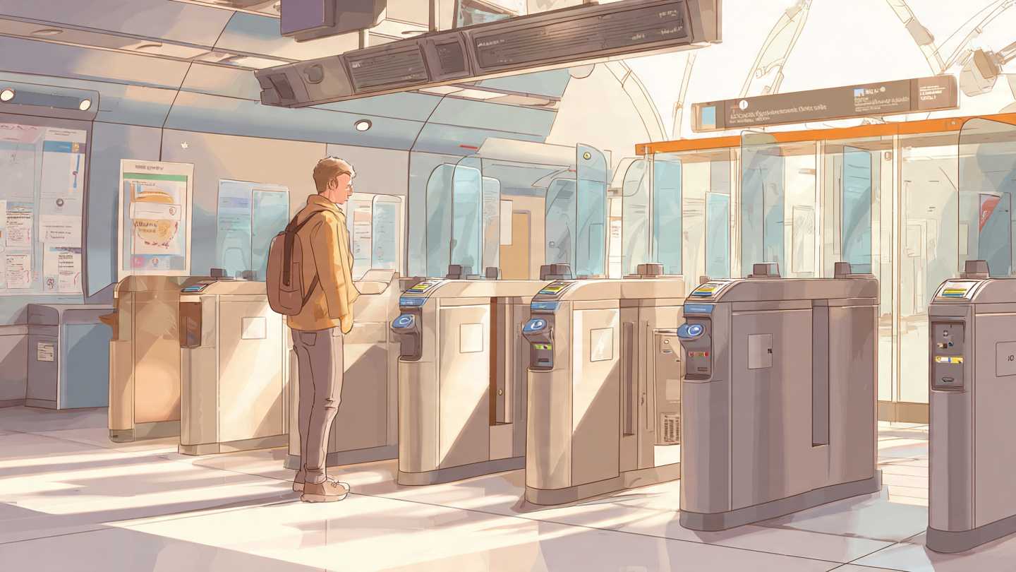 Passenger entering a London Underground station using oyster vs contactless payment at modern ticket gates