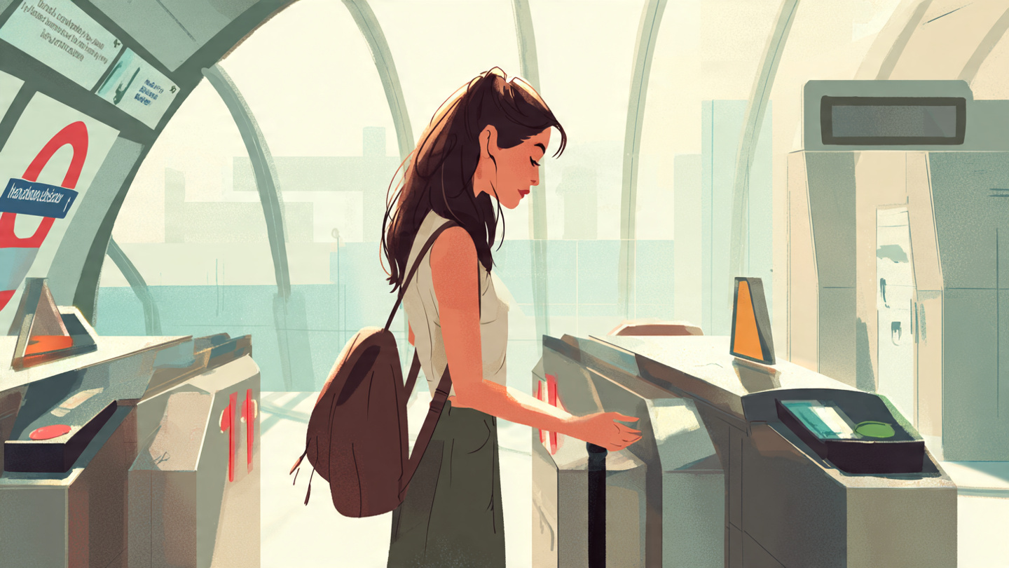 Tourist tapping through London Underground ticket gates using oyster vs contactless payment for public transport access