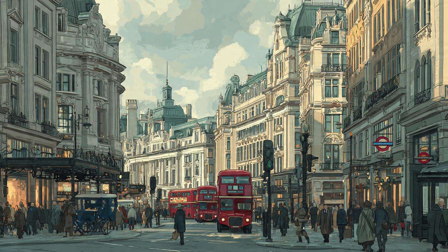 Busy London city street with red buses and Underground entrances, representing oyster vs contactless travel across central London