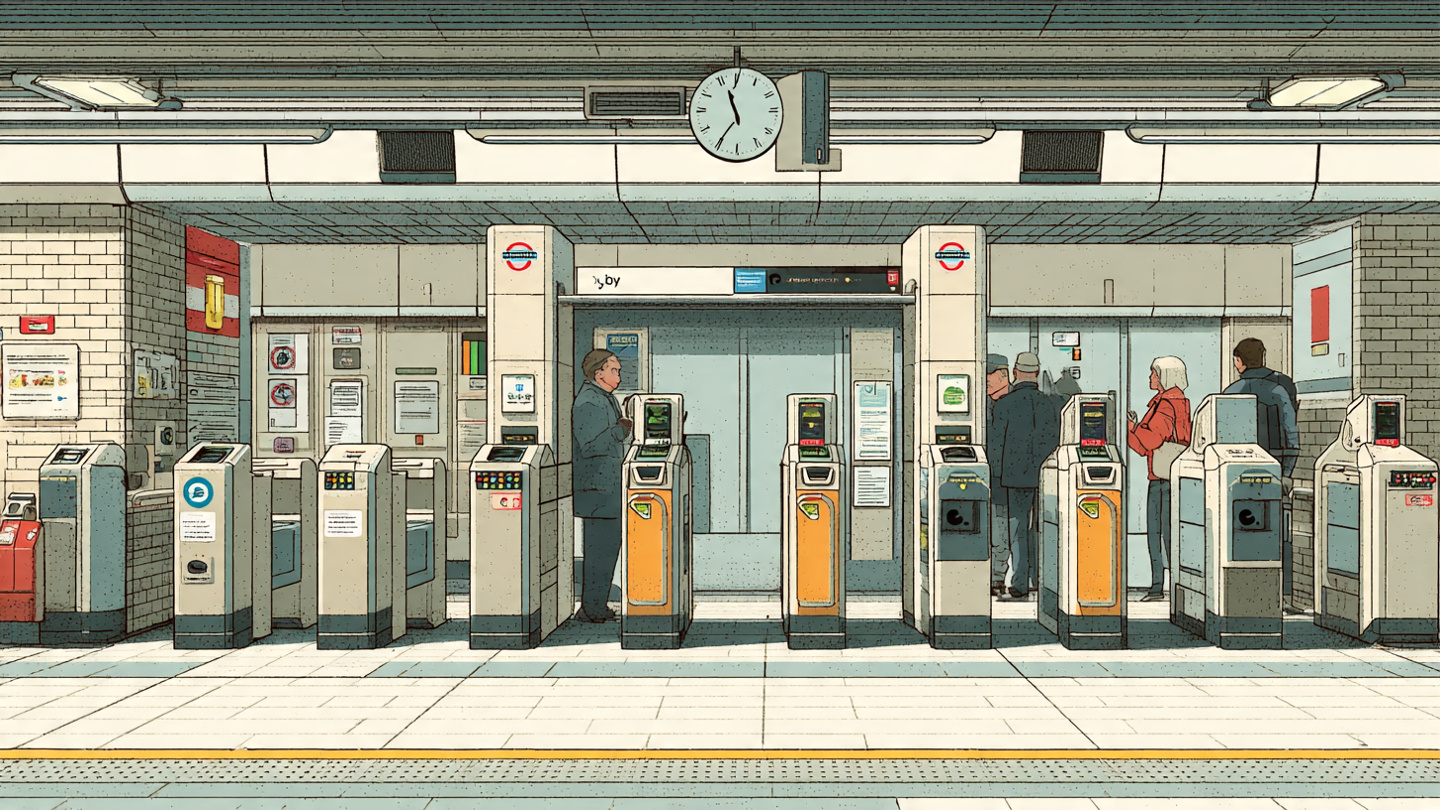 London Underground ticket gates showing oyster vs contactless payment in use, with passengers tapping travel cards and bank cards to enter the station