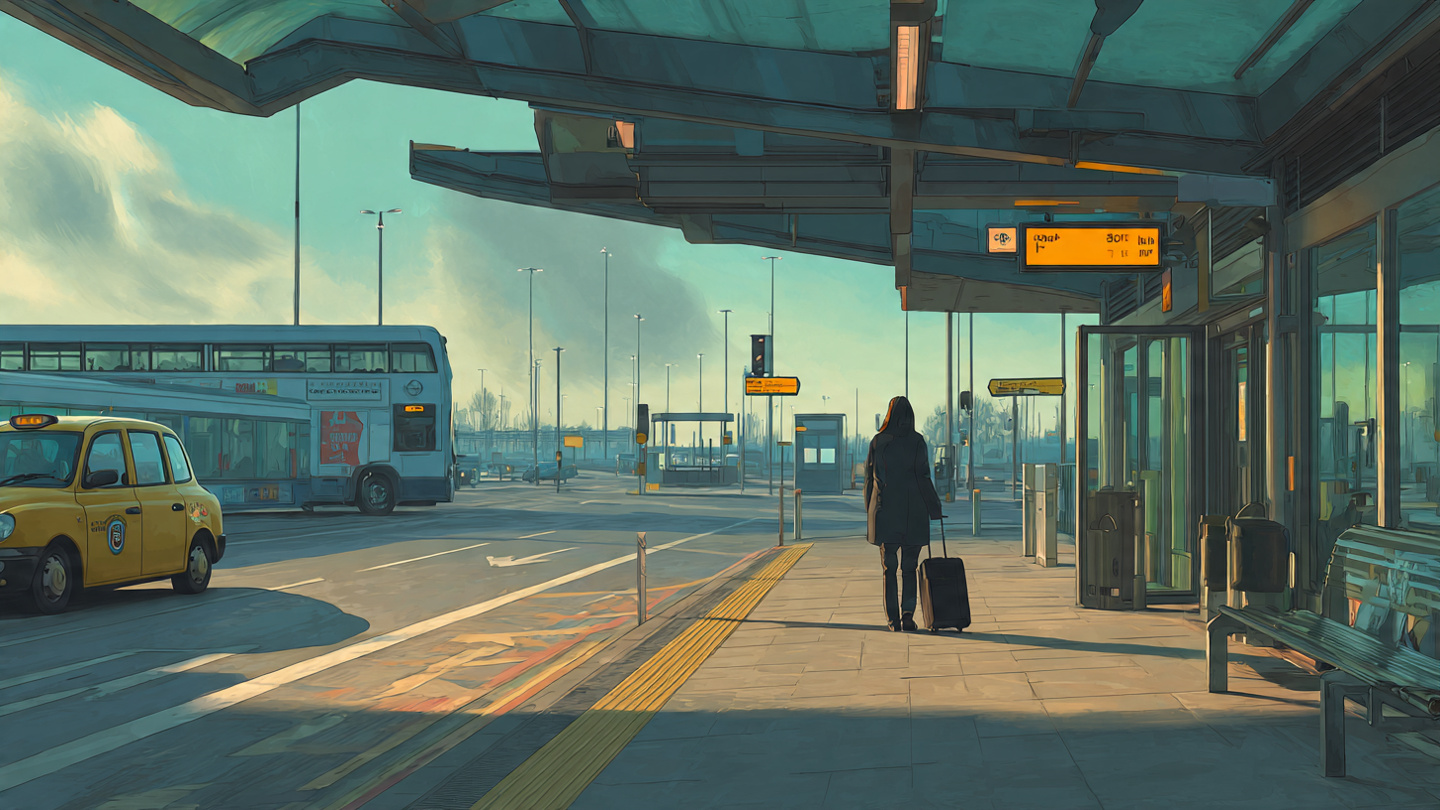 A traveler waiting at a Heathrow bus stop, illustrating how to travel from Heathrow to Central London using public transport.
