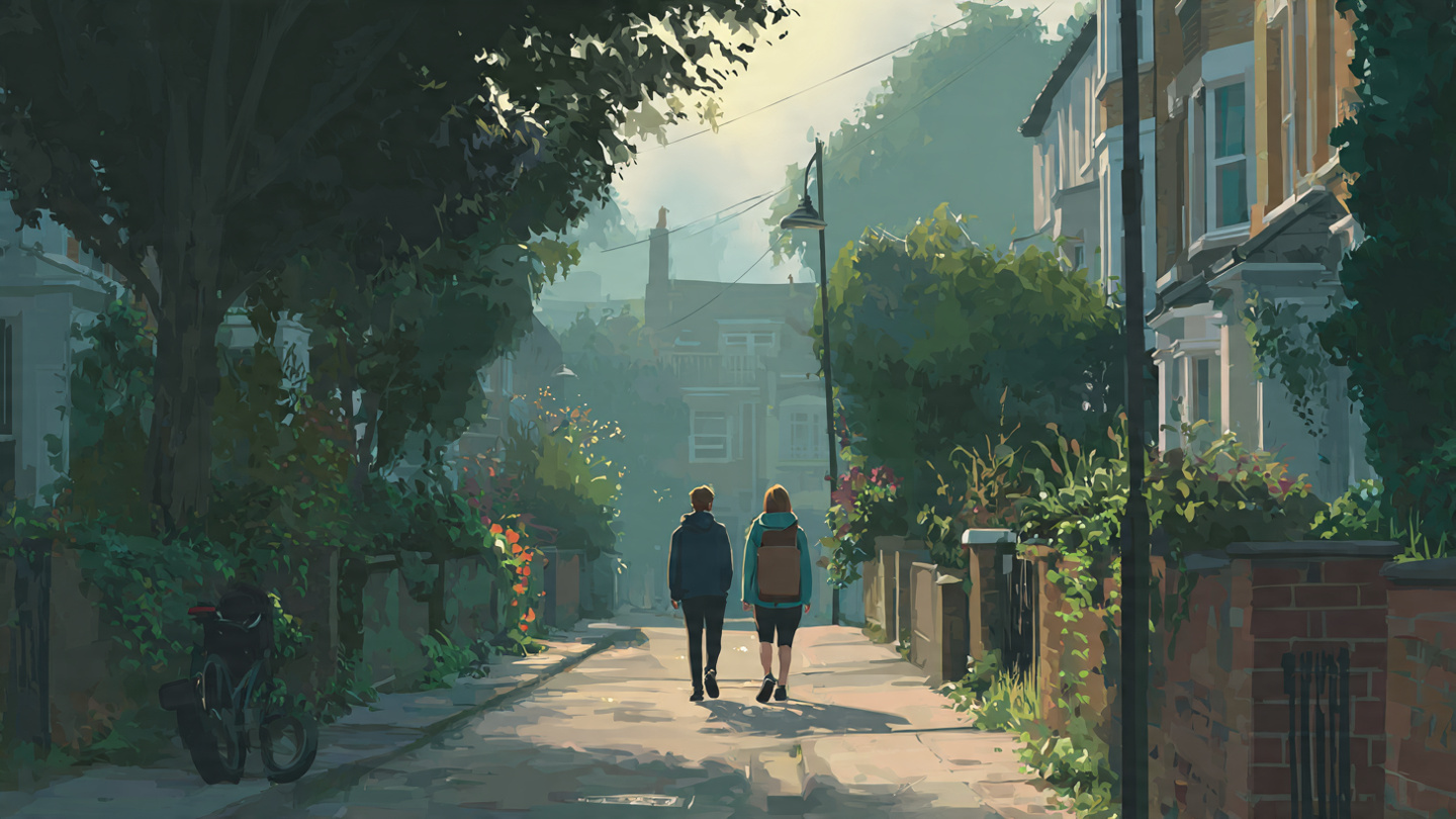 A couple walking together along a quiet London residential street during a peaceful london honeymoon itinerary