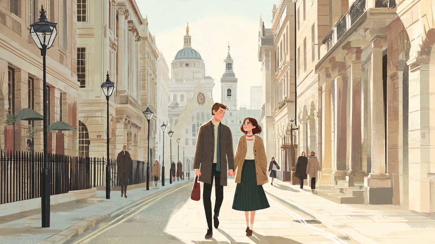 A couple walking hand in hand through a historic London street as part of a relaxed london honeymoon itinerary