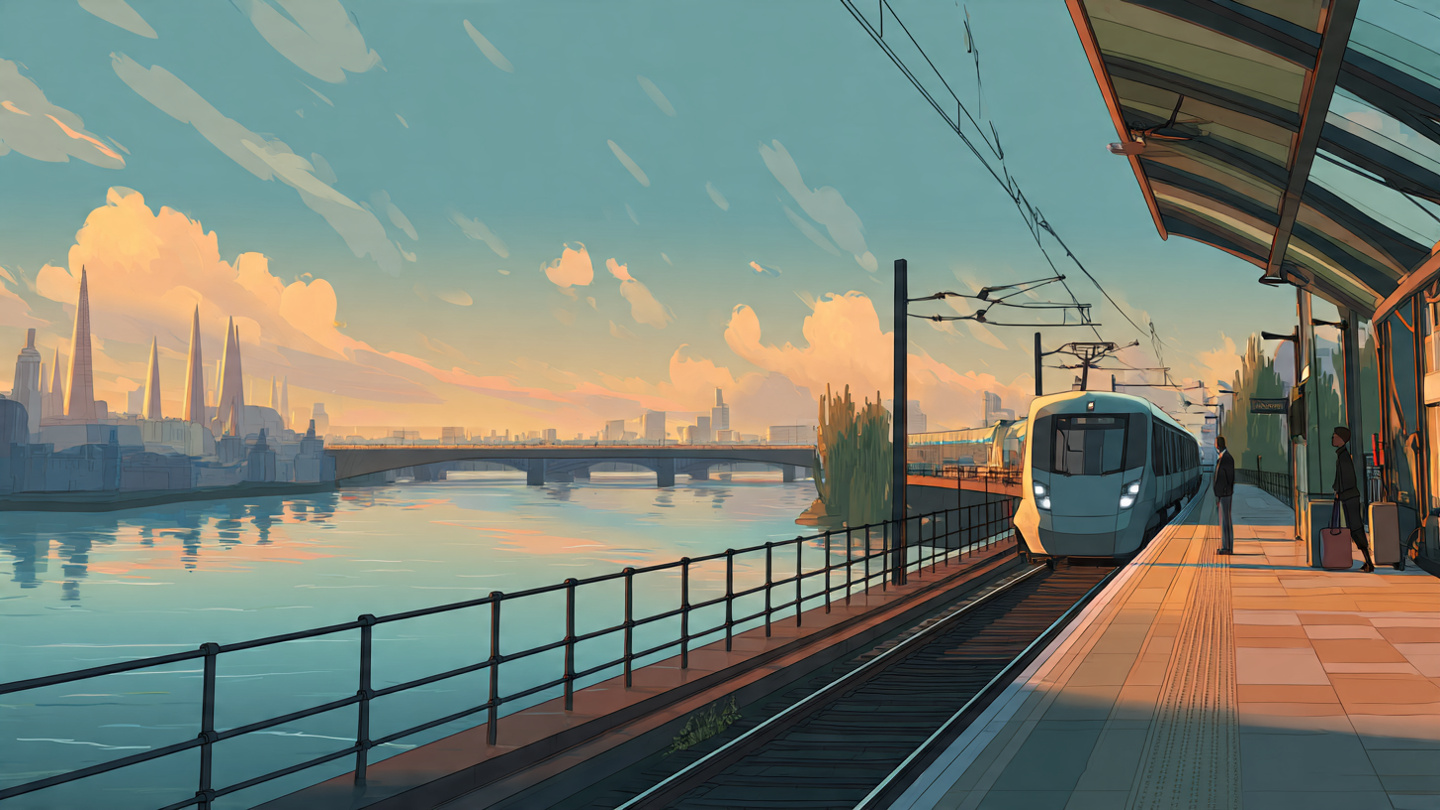 Animated riverside train platform in London at sunrise with a modern train arriving, representing smooth arrivals described in the London airport transport guide