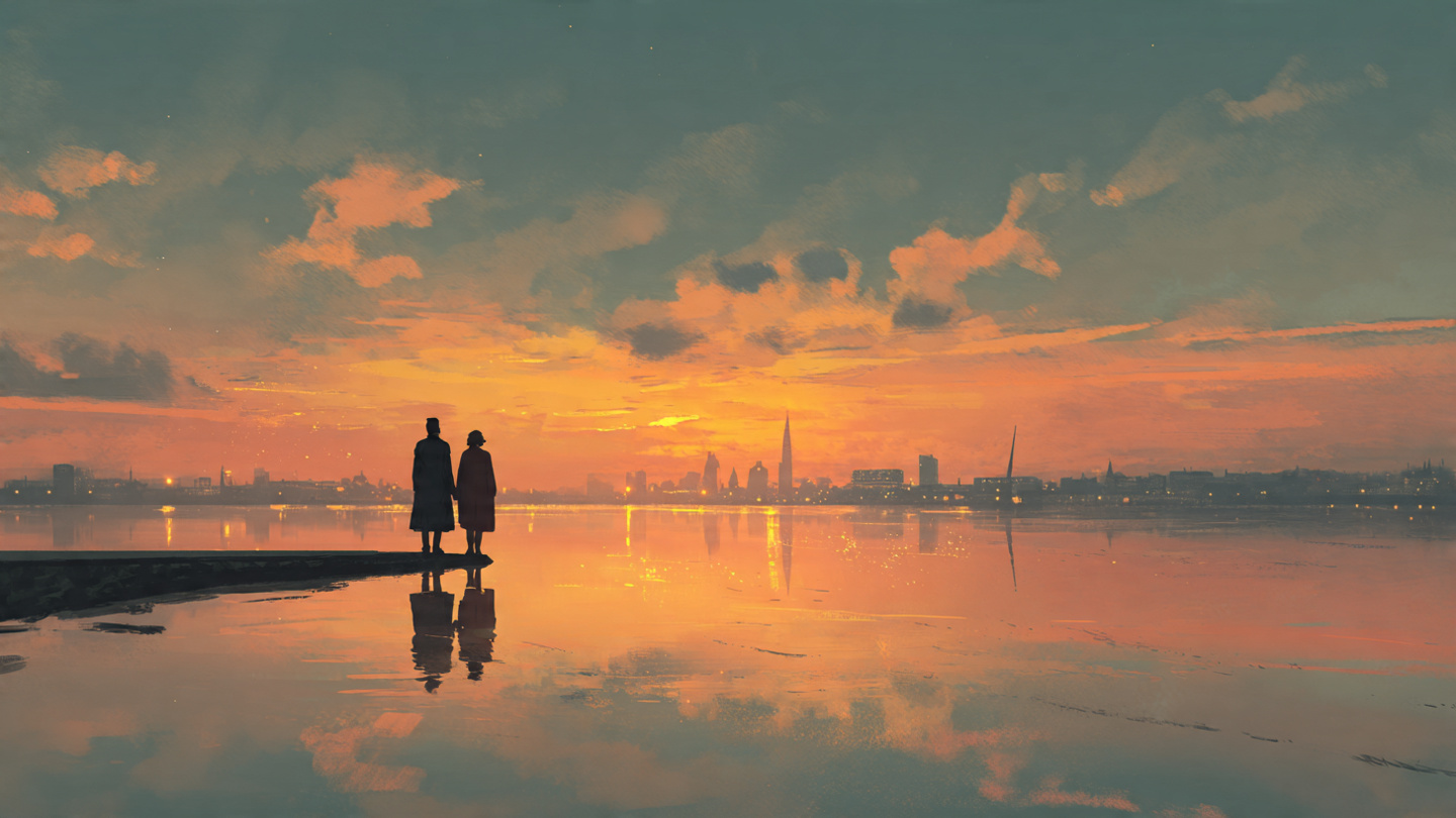 A couple standing together at sunset overlooking the London skyline during a romantic london honeymoon itinerary