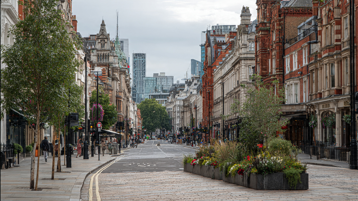 Quiet central London street with historic buildings and wide pavements, showing the calm atmosphere experienced on a London walking itinerary.