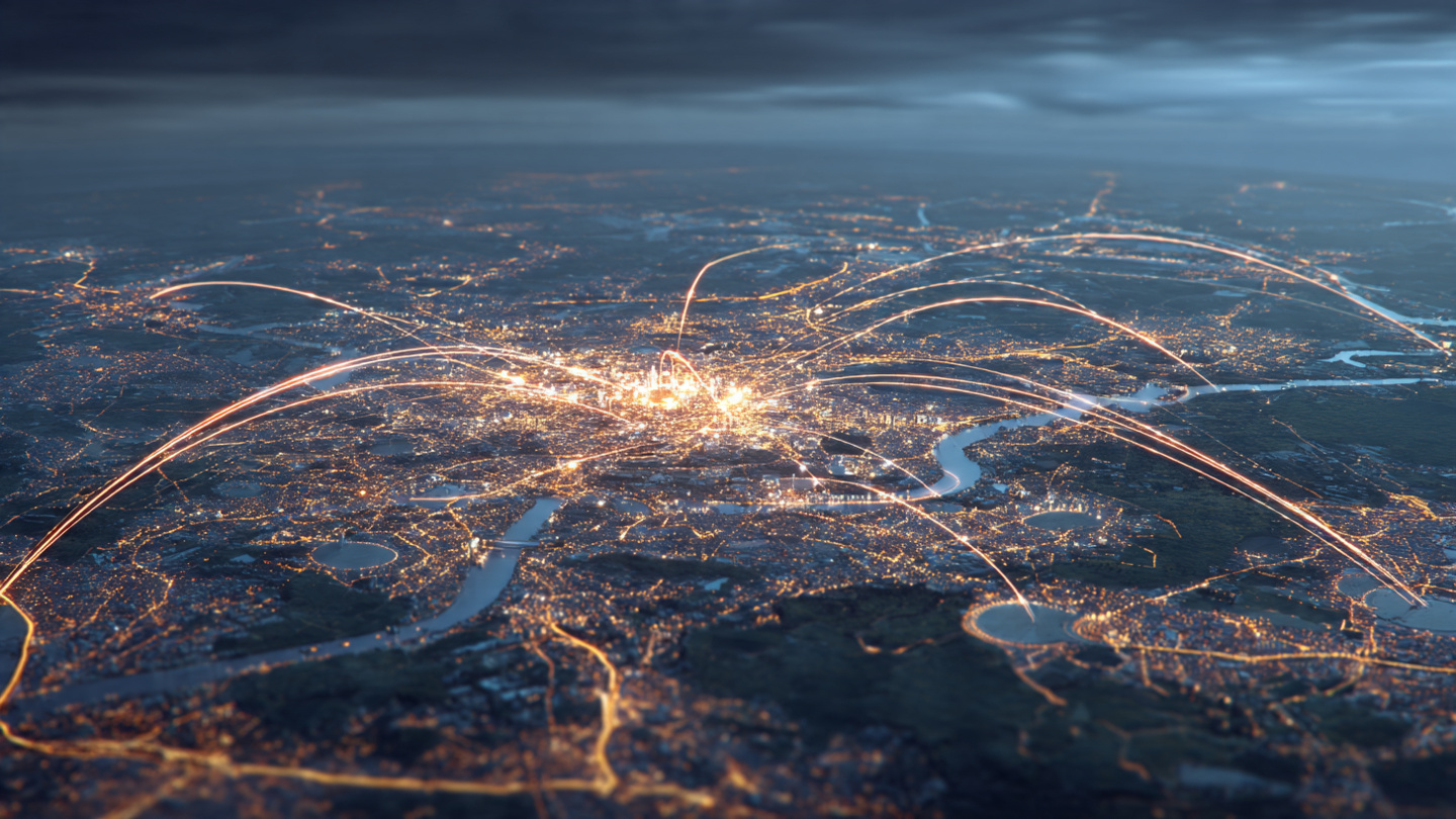 Animated aerial view of London at night showing connected travel routes and airport links, illustrating how the London airport transport guide explains travel flow into the city