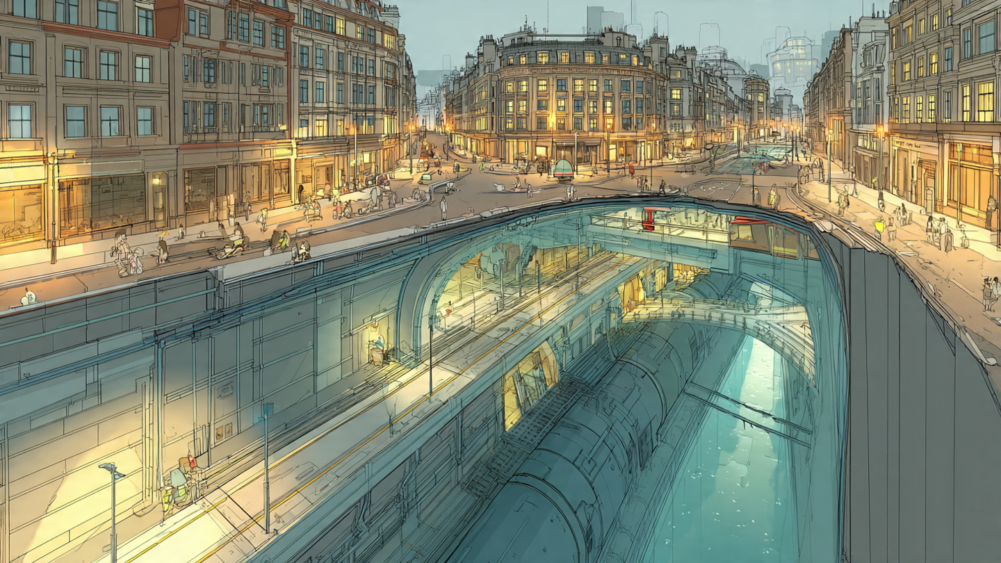 Animated cross-section illustration showing the best way to travel around London, with underground trains beneath the streets and city life above