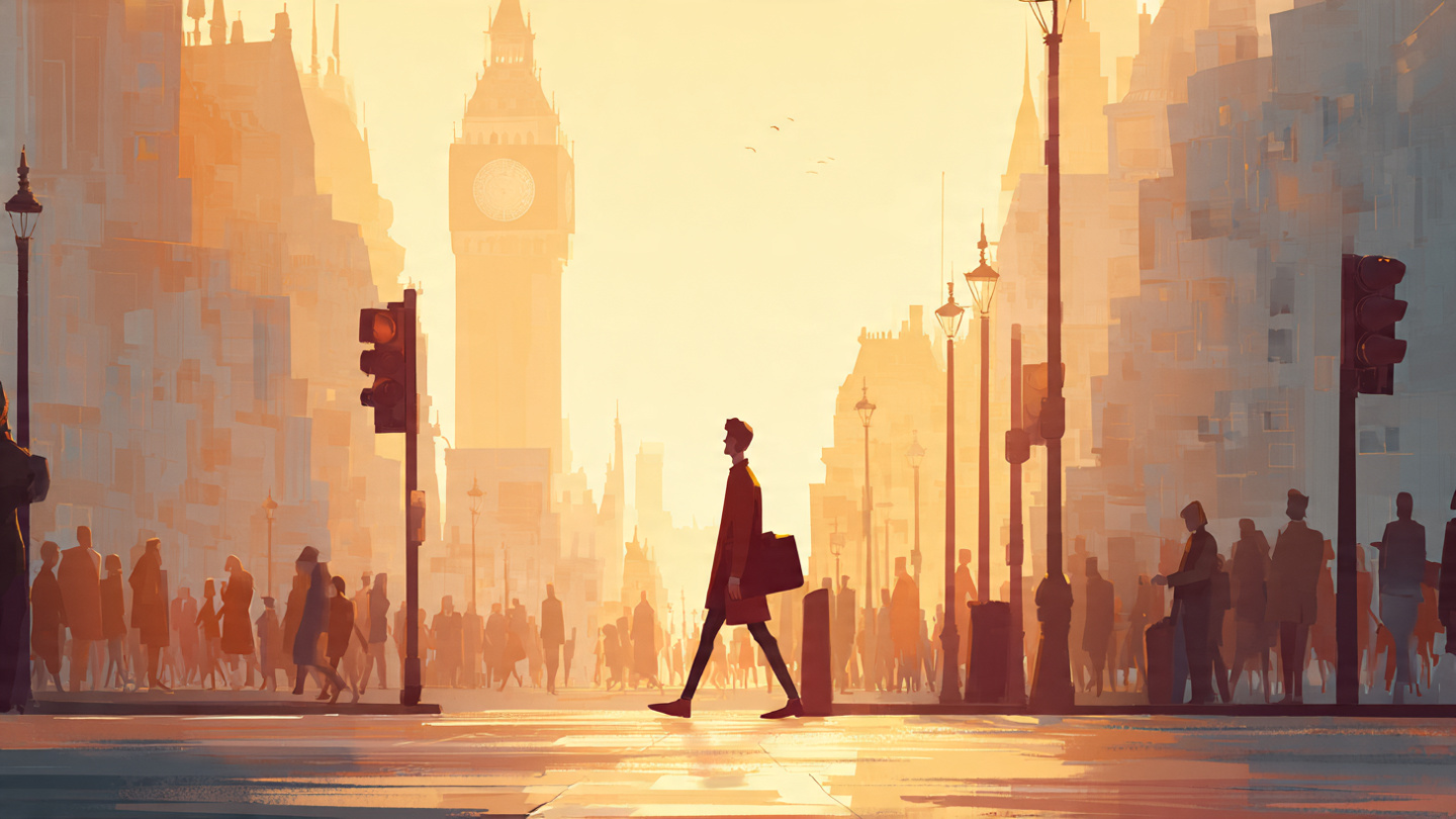 Animated illustration of a traveler confidently walking through central London at golden hour, symbolizing how avoiding london travel mistakes to avoid creates a calmer and more enjoyable trip experience.