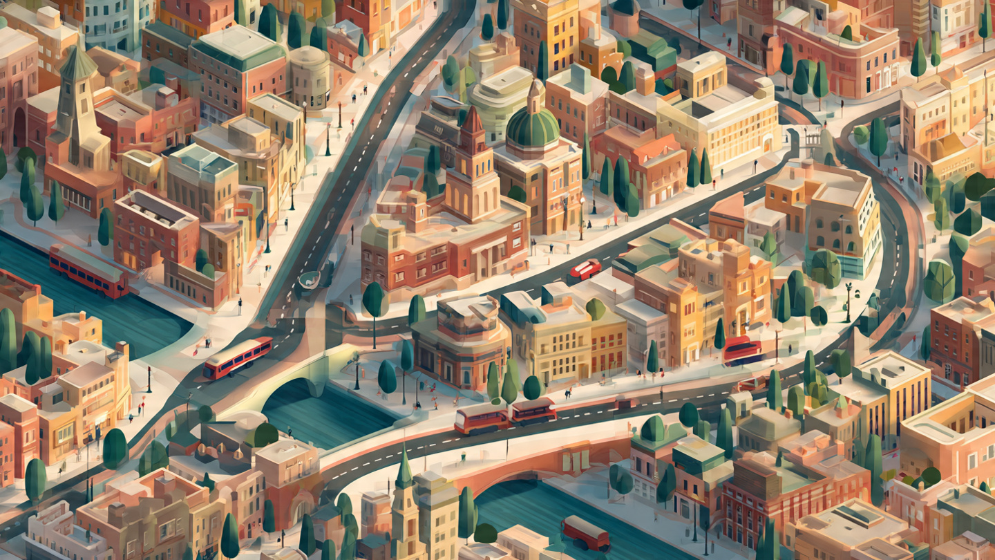 Animated illustration showing the best way to travel around London, with buses, roads, bridges, and walkable neighborhoods spread across the city layout