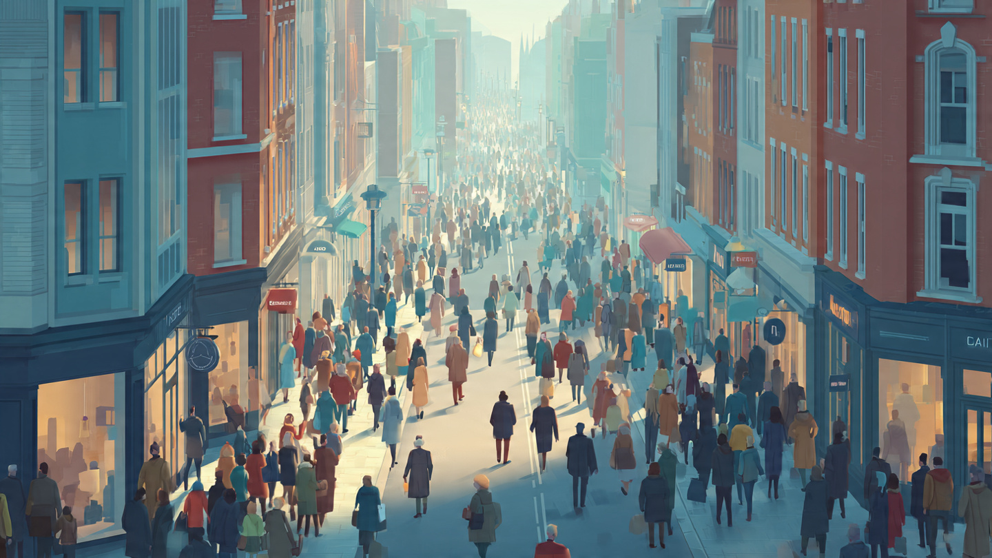 Animated illustration of a crowded London street during a busy period, showing london travel mistakes to avoid when ignoring crowds, timing, and peak travel hours.