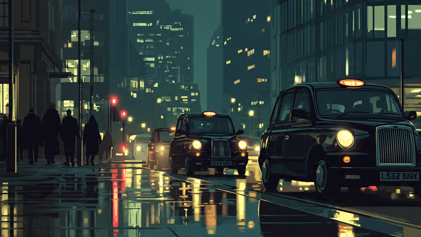Animated nighttime scene showing the best way to travel around London using black cabs on rain-slicked city streets