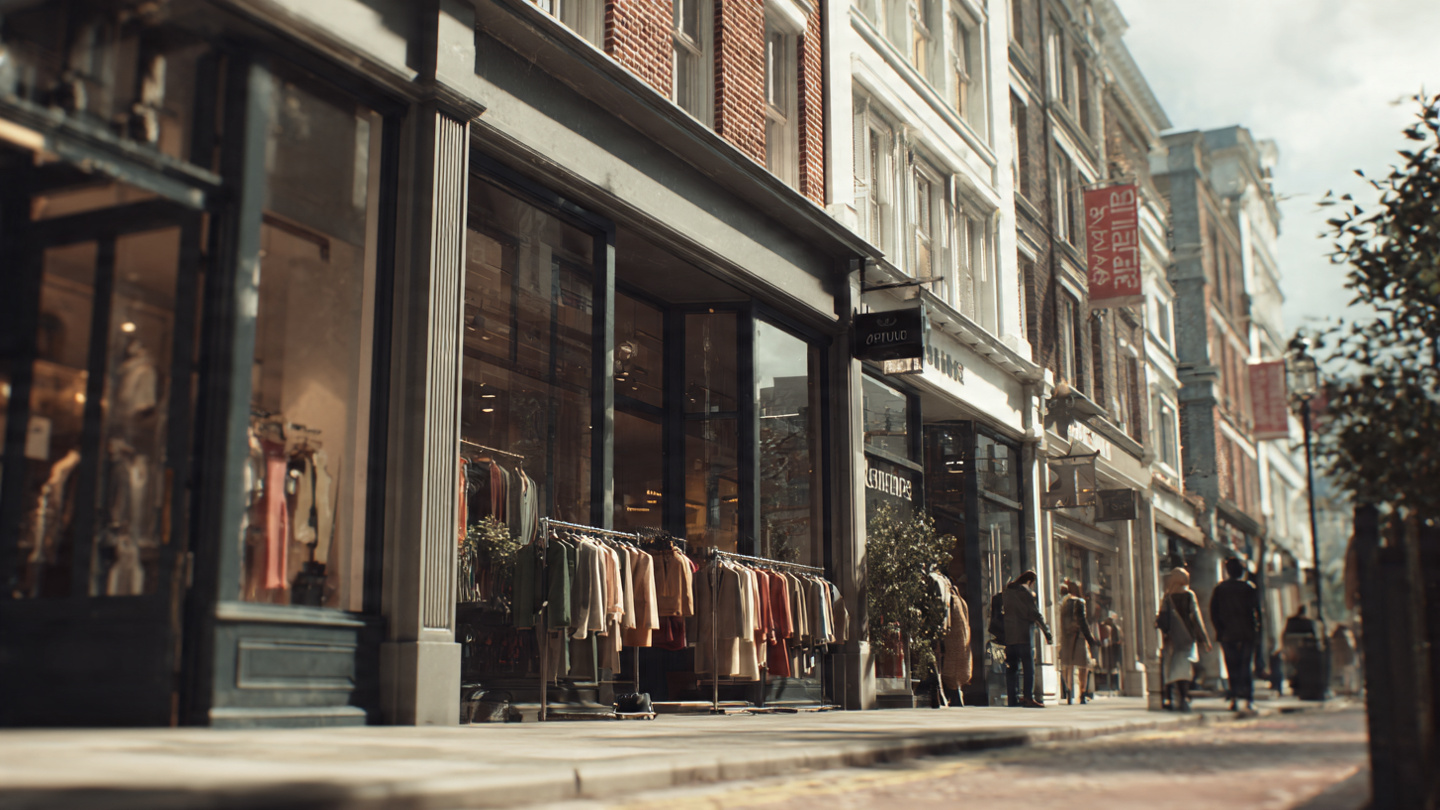 Street shopping in London with boutique storefronts and clothing displays along a historic brick-lined high street