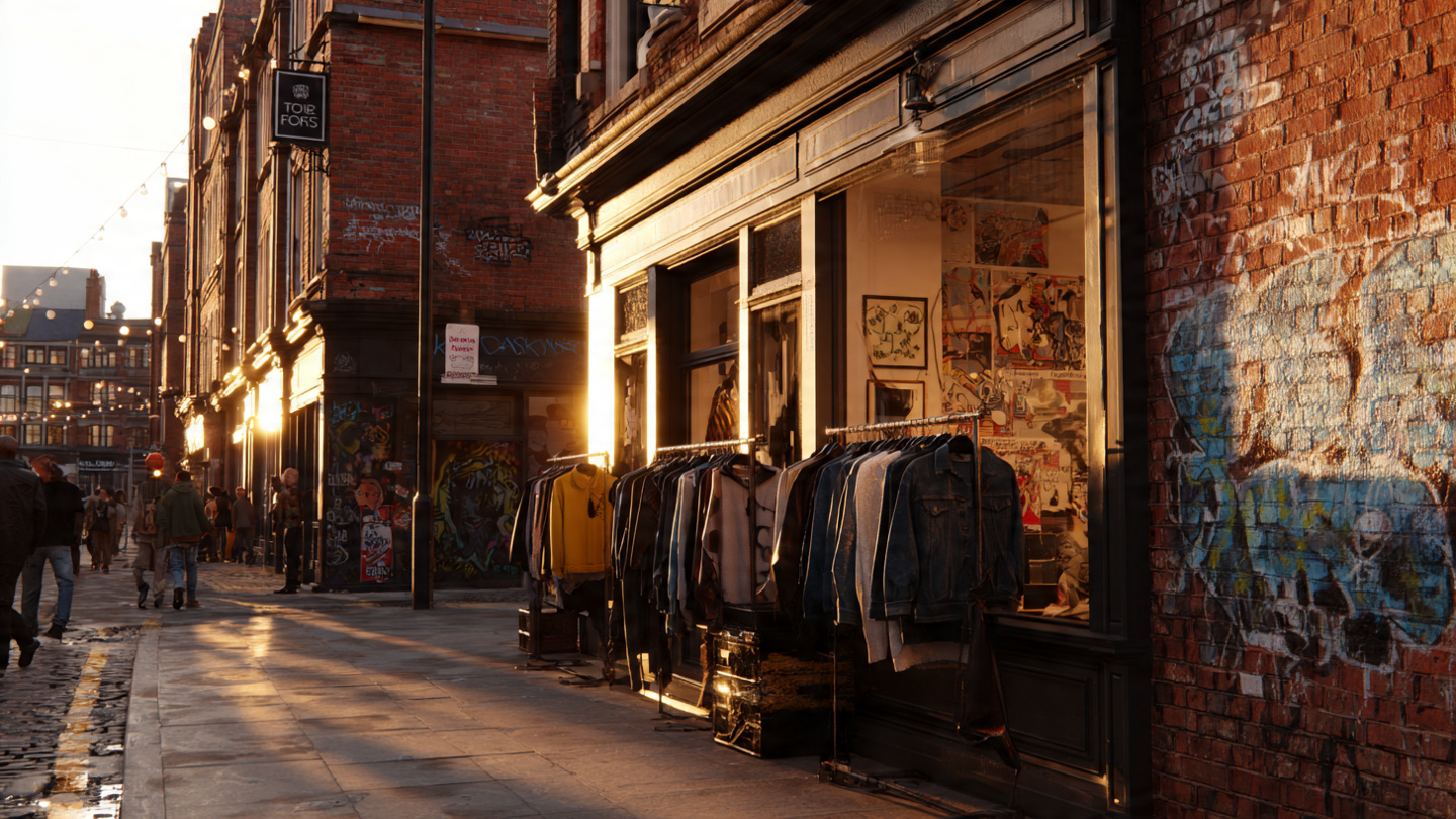 Street shopping in London with vintage clothing racks outside a brick storefront in a creative neighborhood at sunset