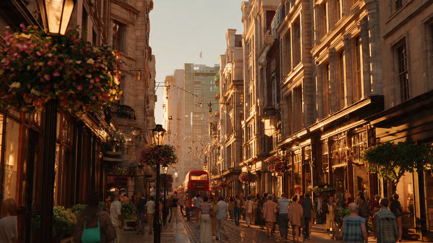Street shopping in London at golden hour with pedestrians walking past historic storefronts and a red double-decker bus in the distance