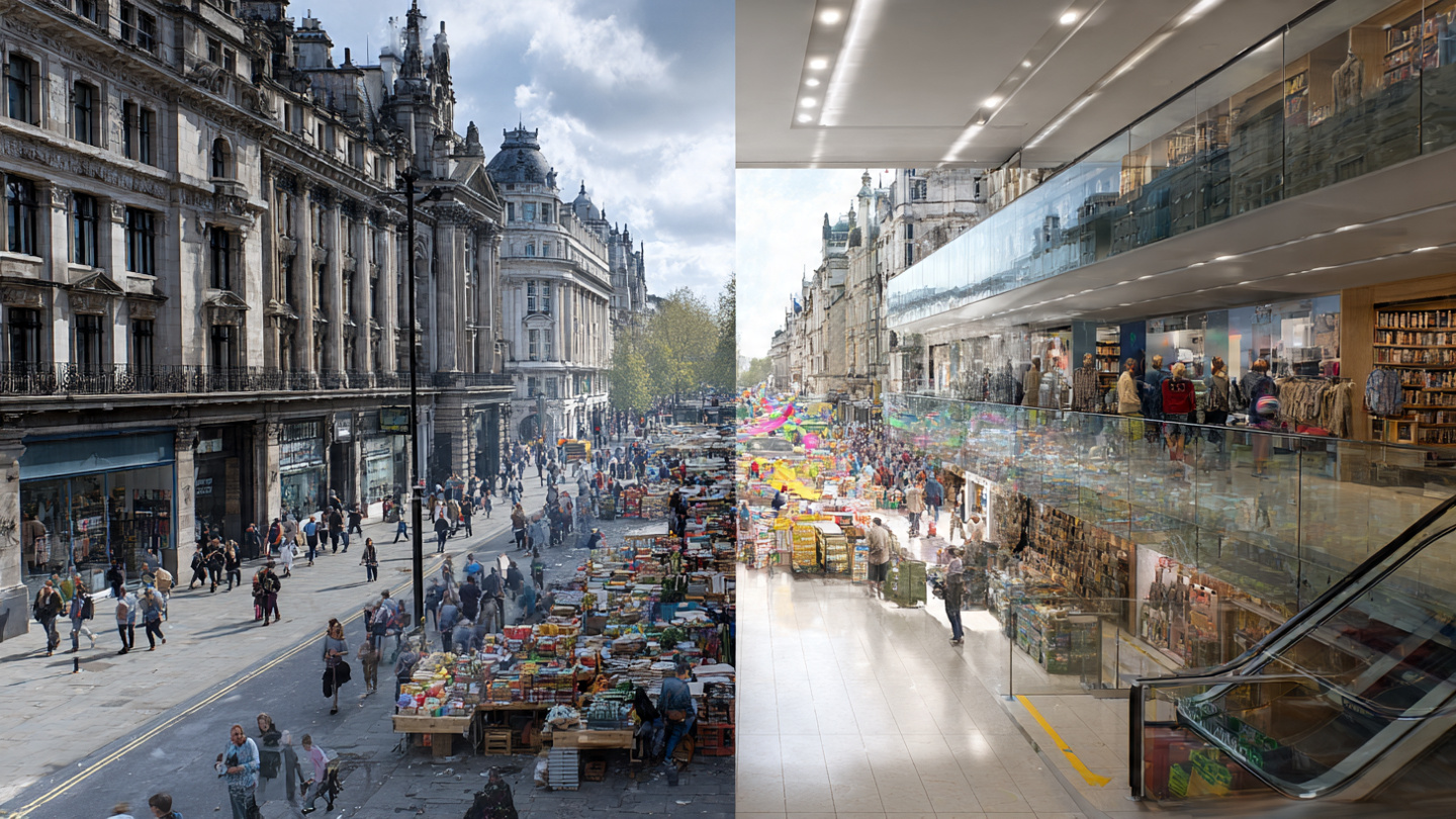 Comparison of street shopping in London, outdoor market stalls, and indoor shopping mall environment