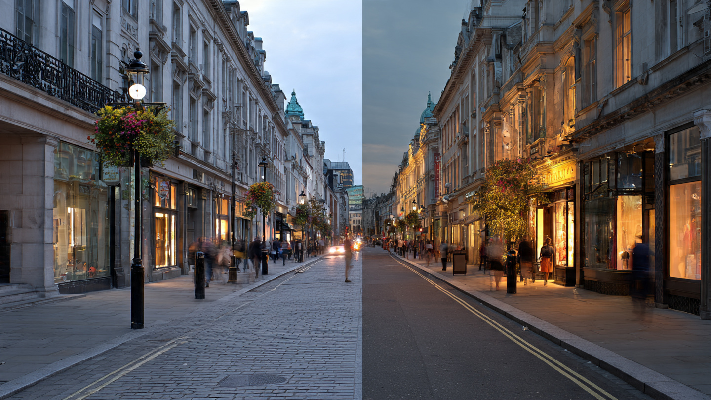 Street shopping in London shown at morning and evening on a historic retail street with illuminated storefronts